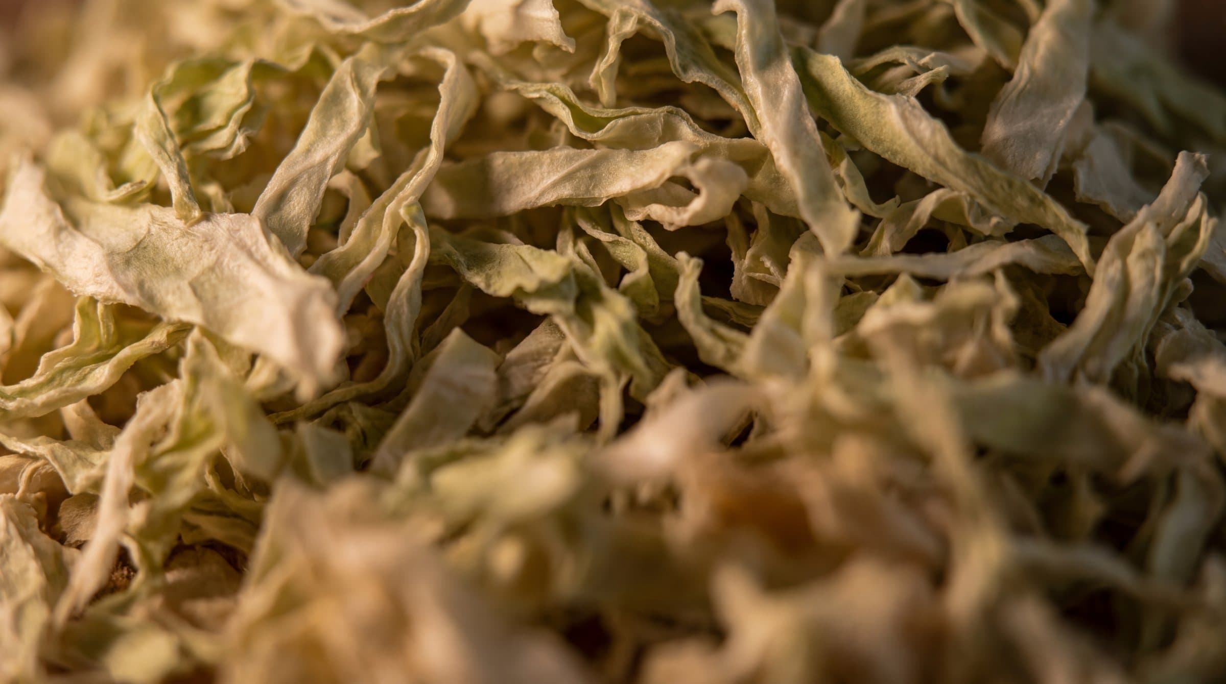 Macro photograph of dried shredded cabbage