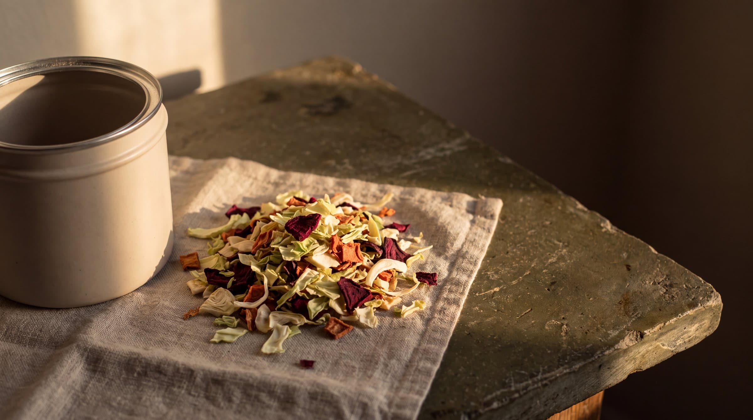 Dried vegetable flakes on linen beside an open tin