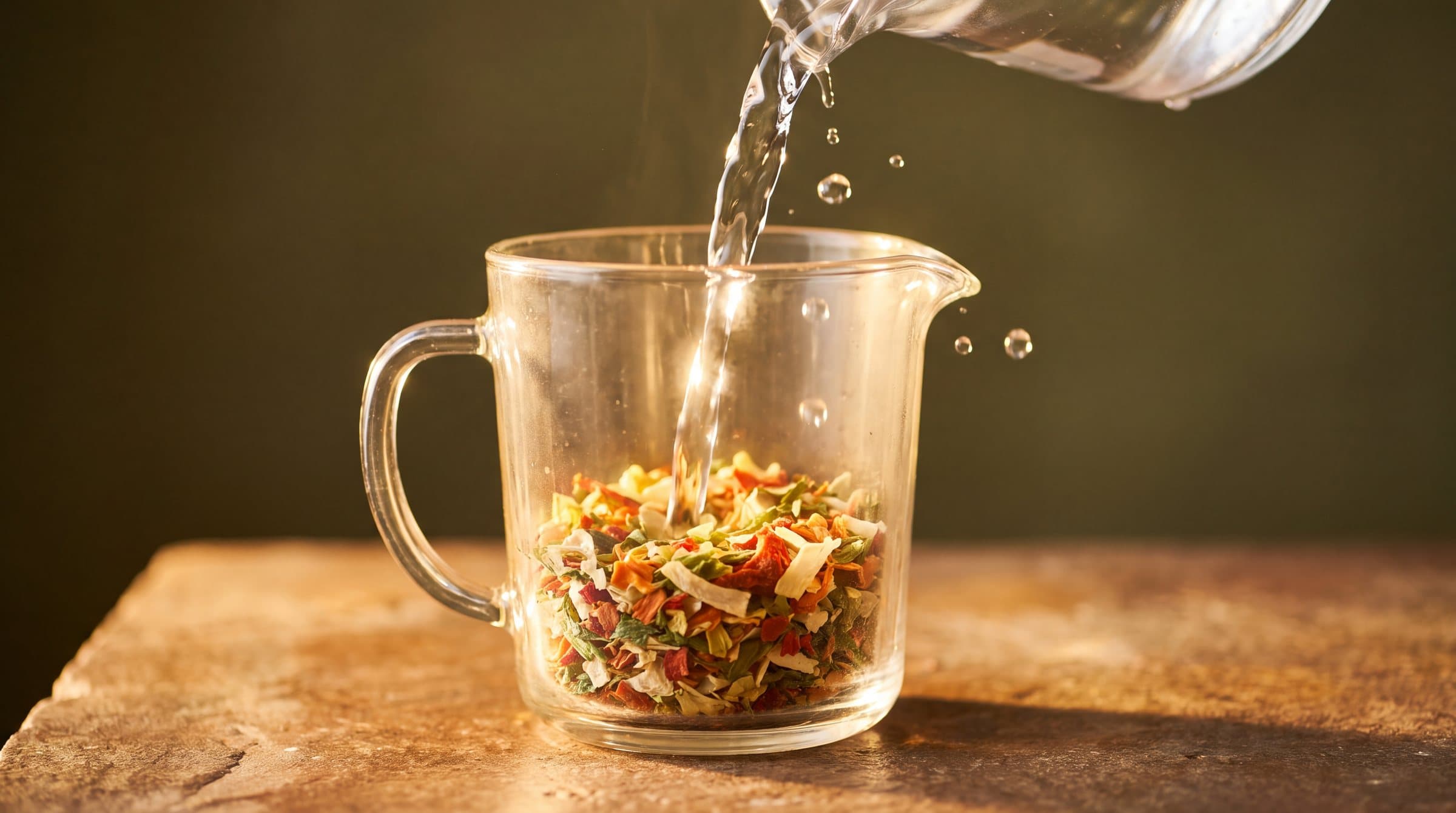 Water being poured onto dried mixed vegetables in a glass measuring jug