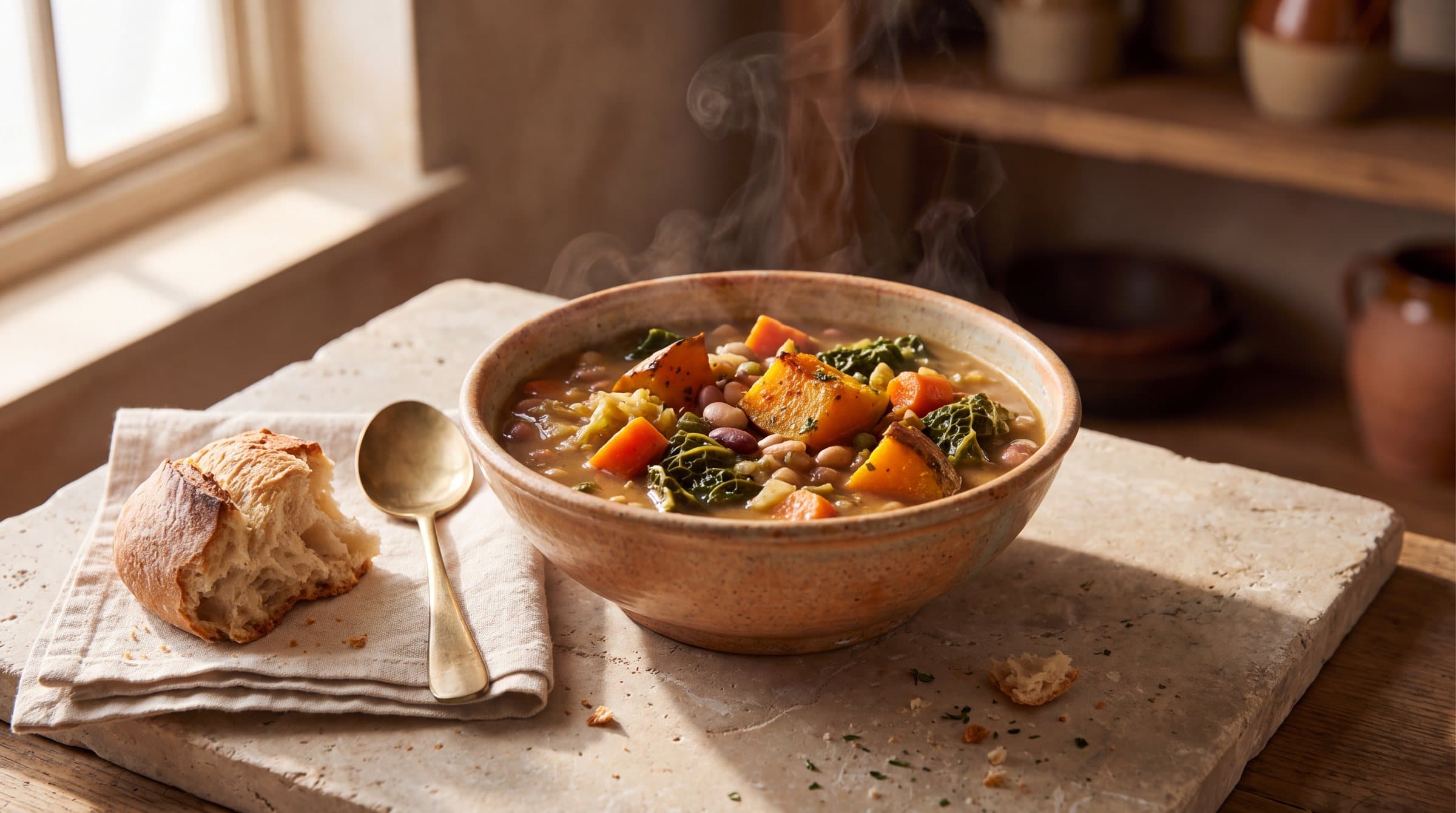 A bowl of cooked vegetable stew made from dried vegetables