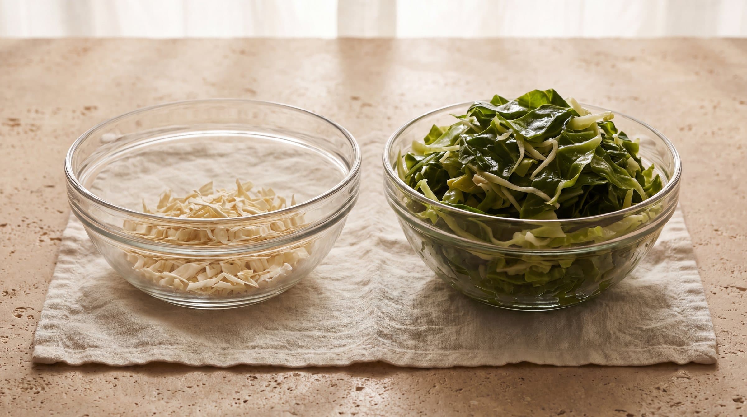 A small amount of dried cabbage beside the same cabbage rehydrated and filling the bowl